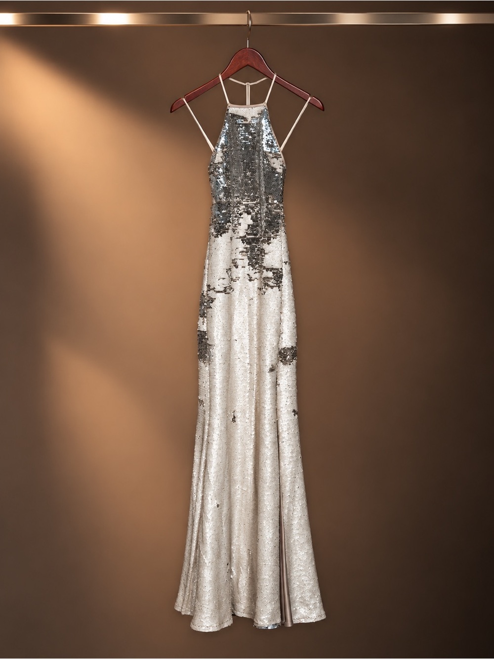 Jovani Reversible Sequin Halter Gown Ivory Silver Open Back Size 6 Formal